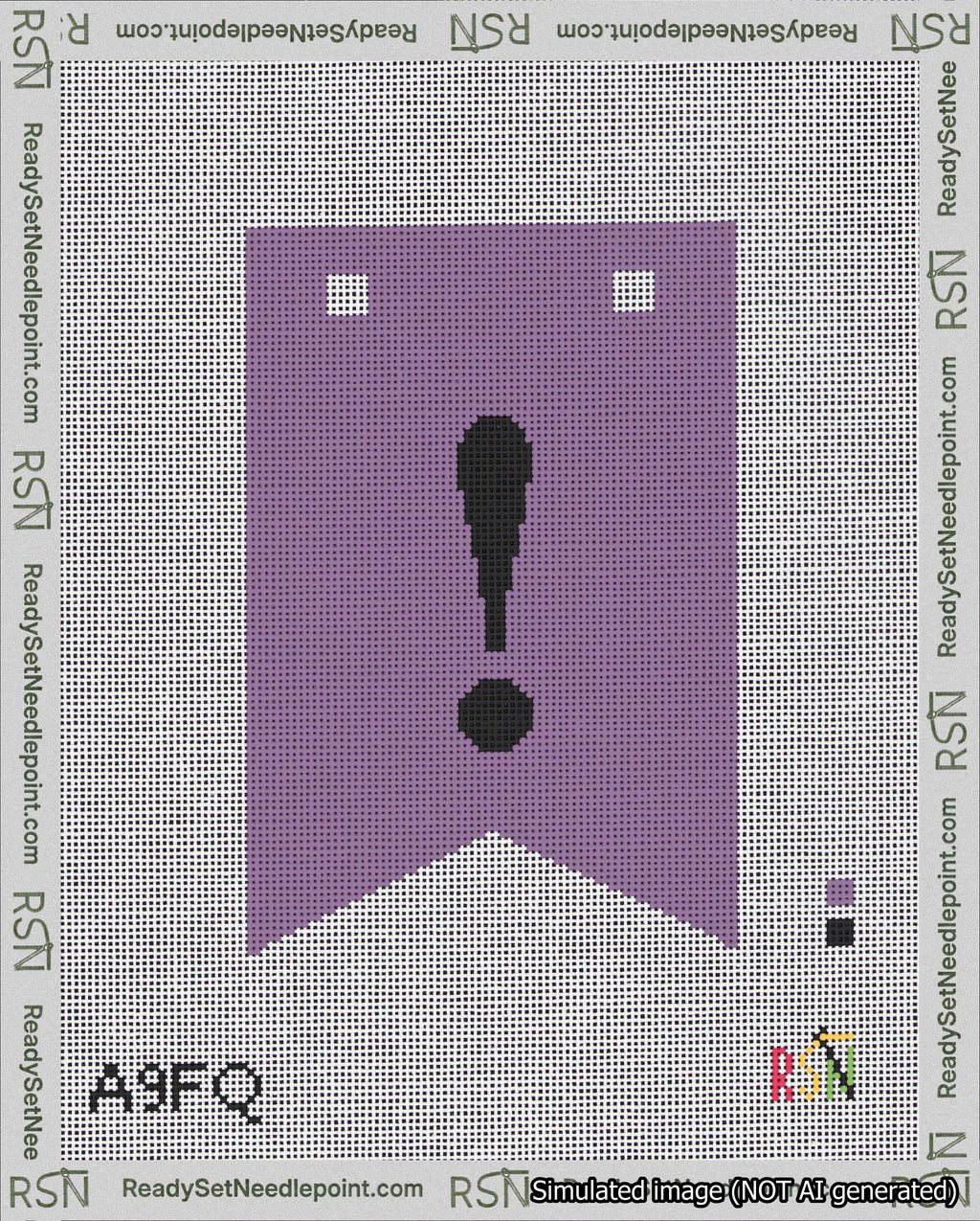 A taped needlepoint canvas with the design: Banner 18 mesh count Forked Exclamation Black on Purple.