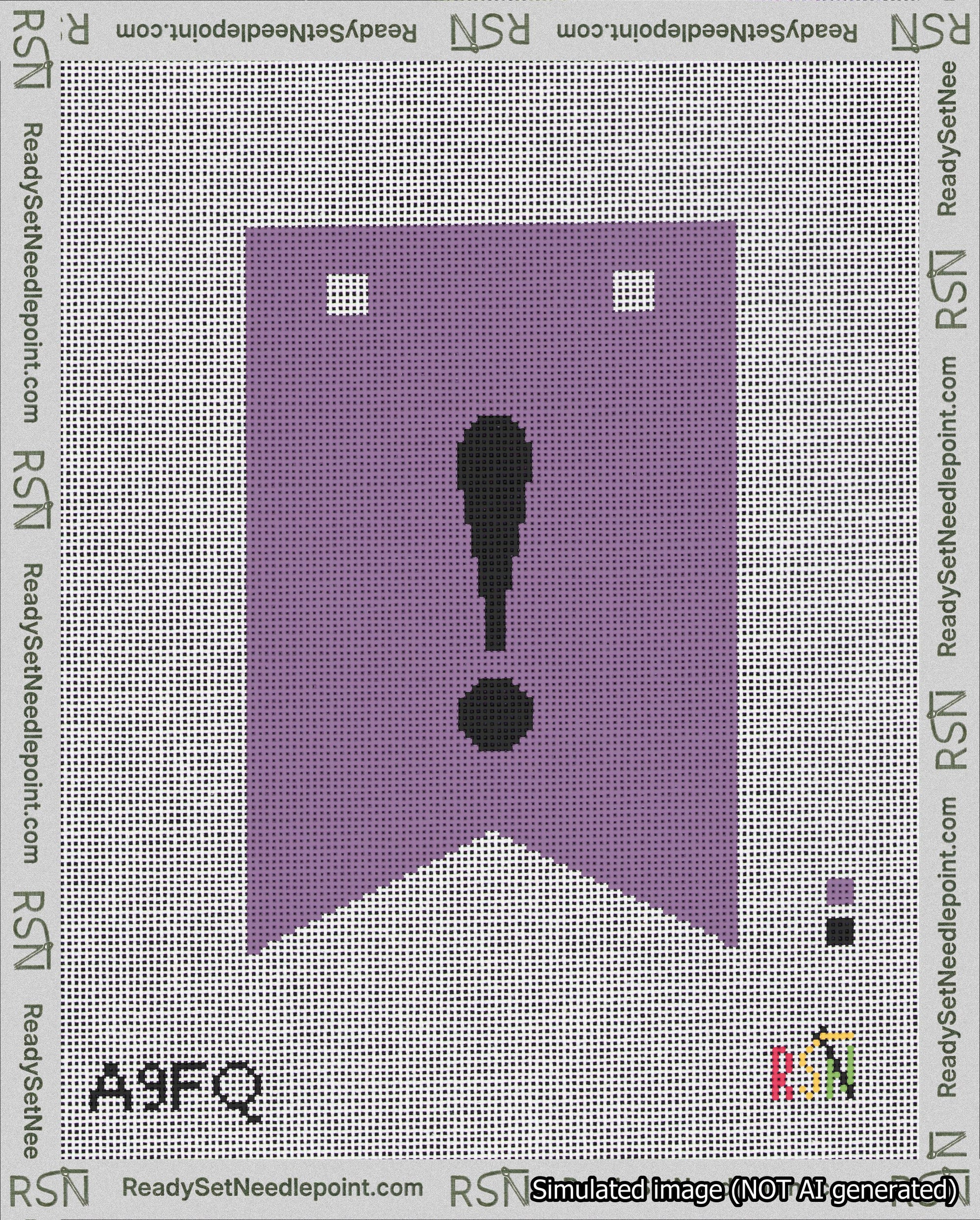 A taped needlepoint canvas with the design: Banner 18 mesh count Forked Exclamation Black on Purple.