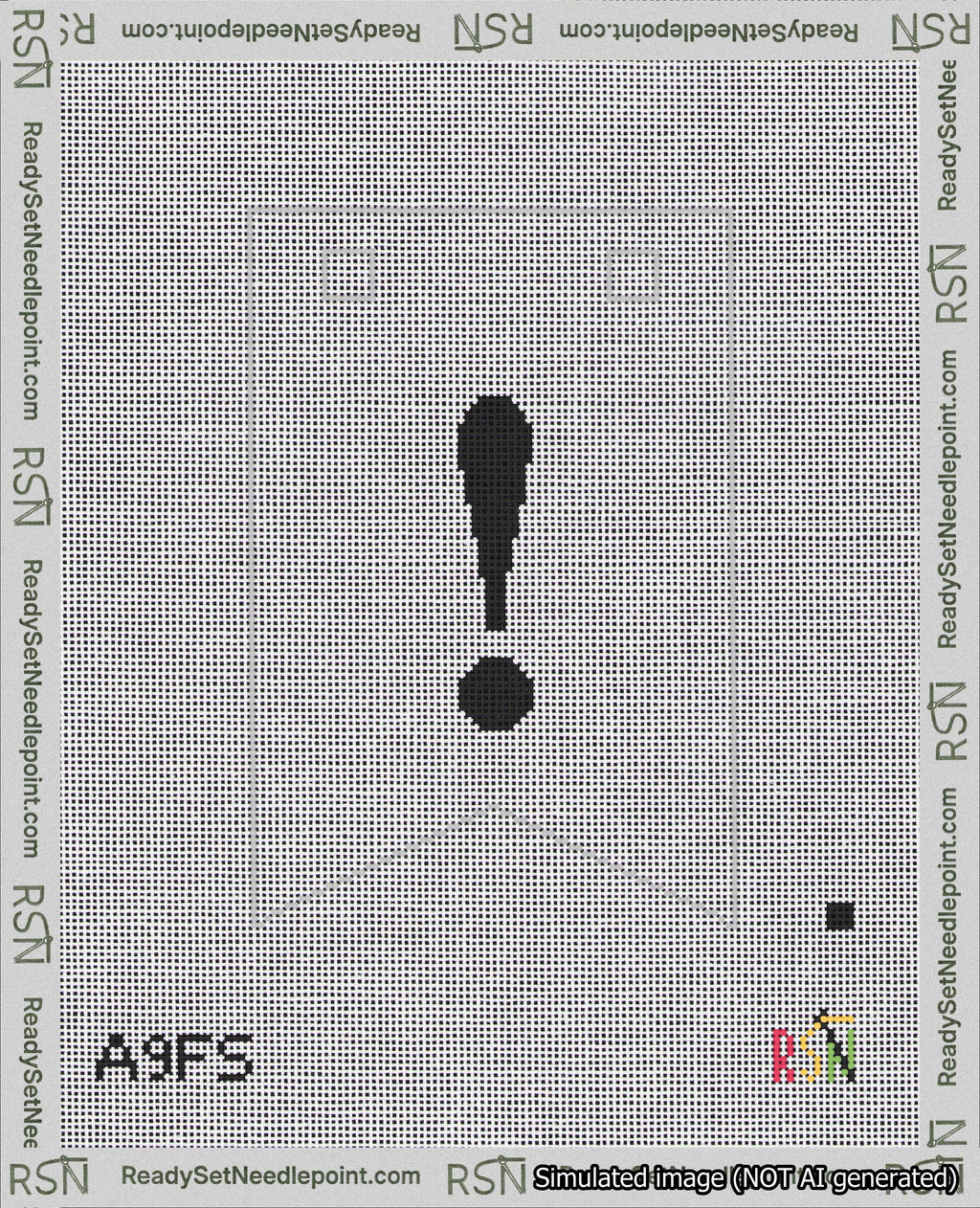 A taped needlepoint canvas with the design: Banner 18 mesh count Forked Exclamation Black on White.