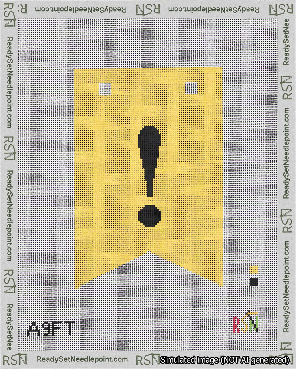 A taped needlepoint canvas with the design: Banner 18 mesh count Forked Exclamation Black on Yellow.