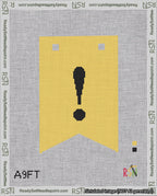 A taped needlepoint canvas with the design: Banner 18 mesh count Forked Exclamation Black on Yellow.