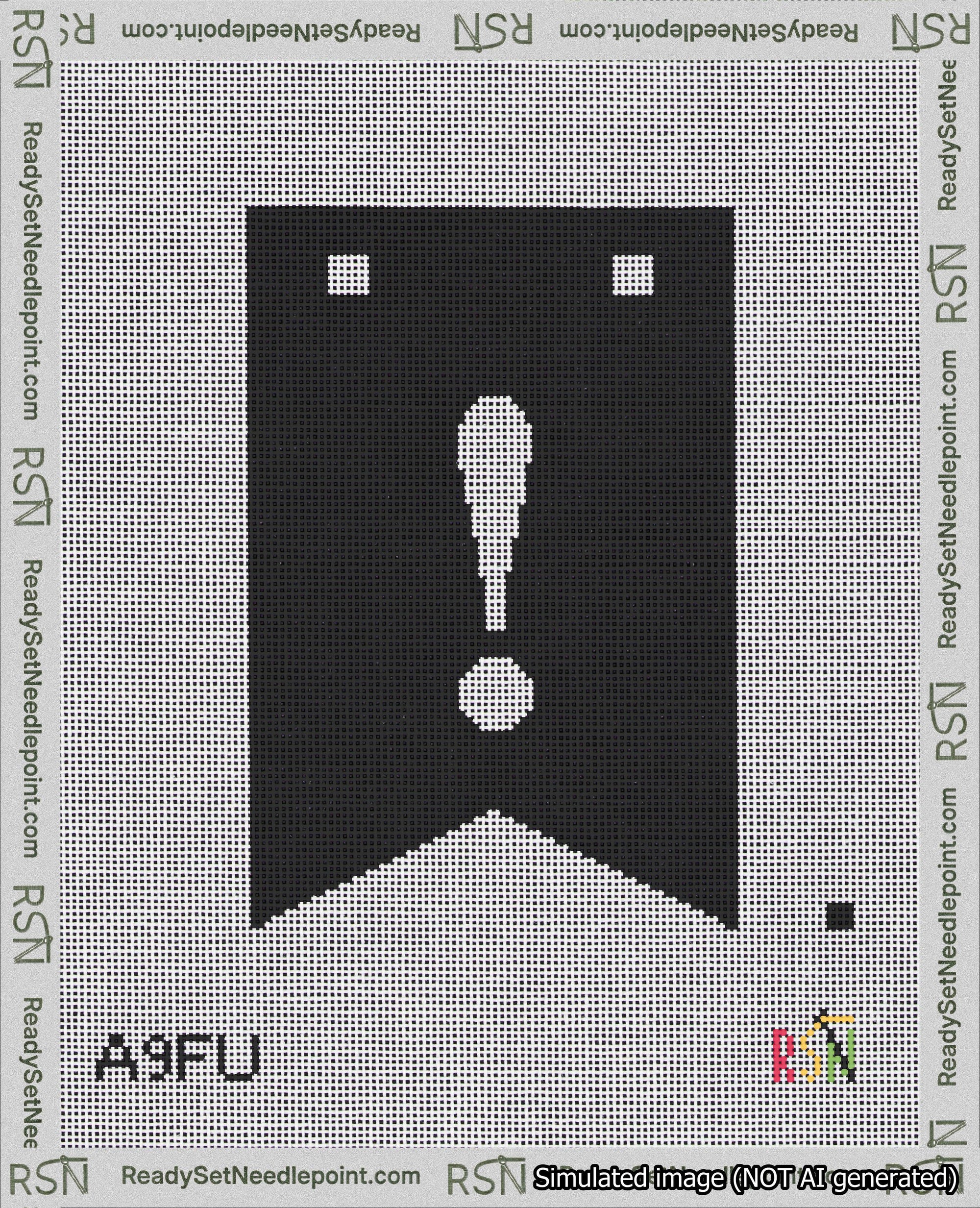 A taped needlepoint canvas with the design: Banner 18 mesh count Forked Exclamation White on Black.