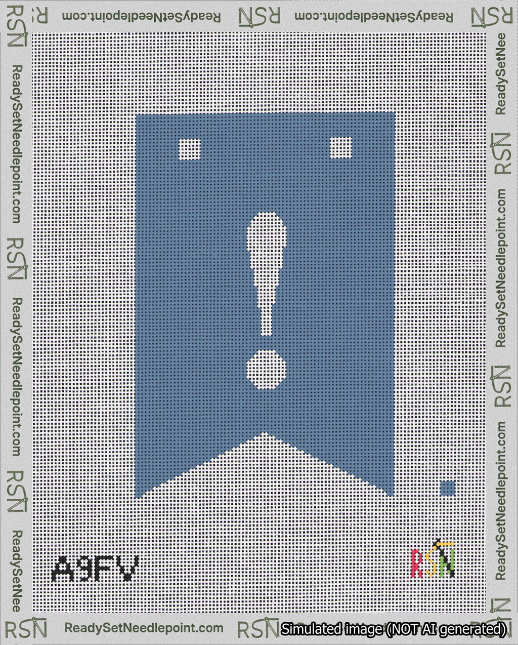 A taped needlepoint canvas with the design: Banner 18 mesh count Forked Exclamation White on Blue.
