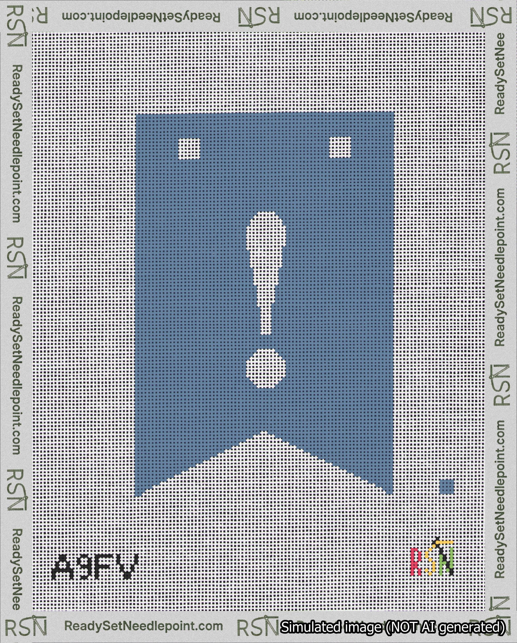 A taped needlepoint canvas with the design: Banner 18 mesh count Forked Exclamation White on Blue.