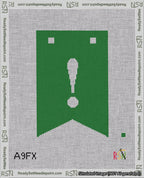 A taped needlepoint canvas with the design: Banner 18 mesh count Forked Exclamation White on Green.