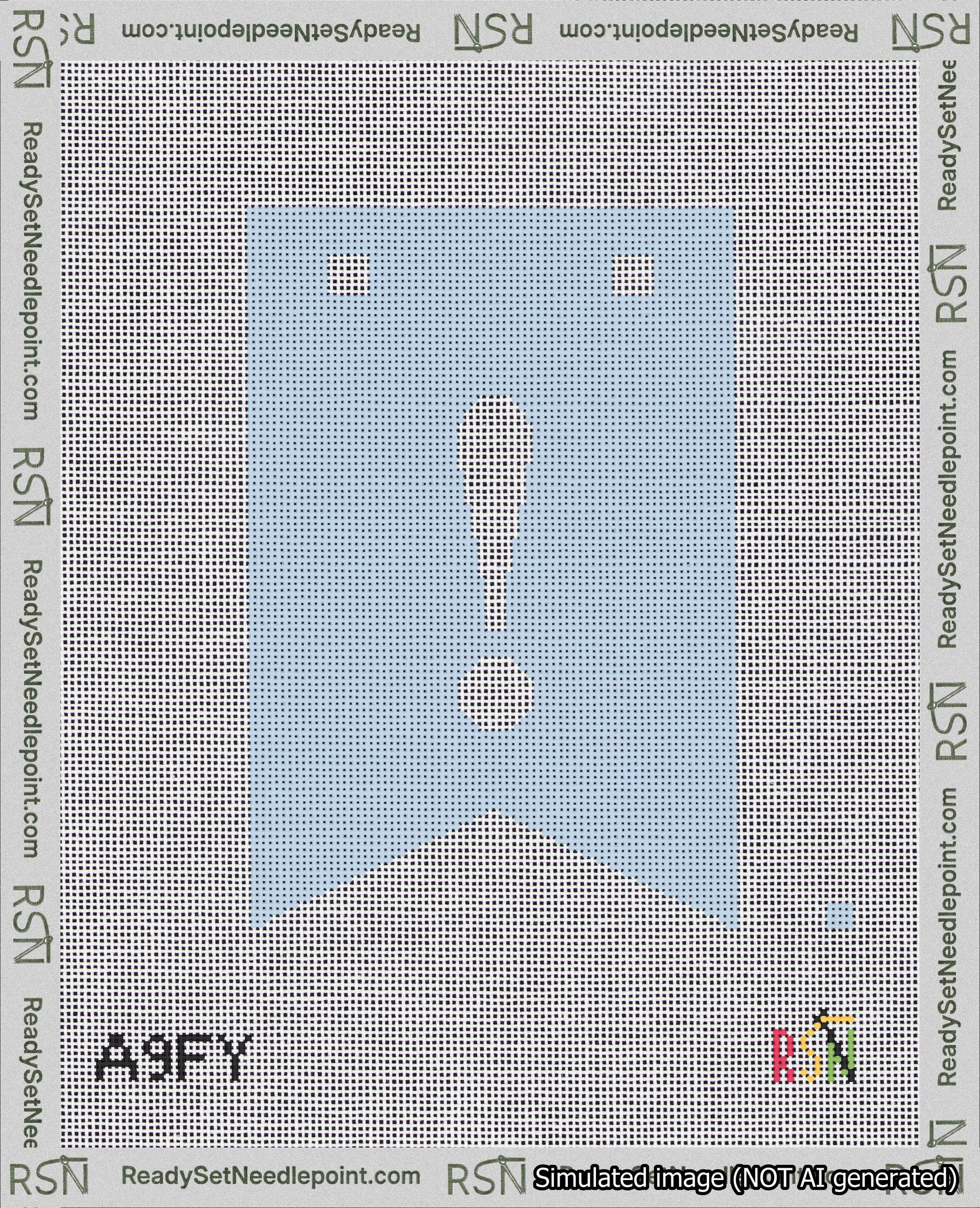 A taped needlepoint canvas with the design: Banner 18 mesh count Forked Exclamation White on Light Blue.