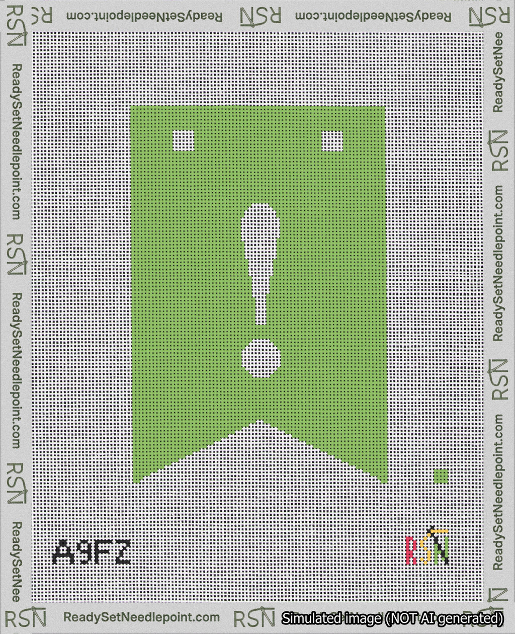 A taped needlepoint canvas with the design: Banner 18 mesh count Forked Exclamation White on Light Green.
