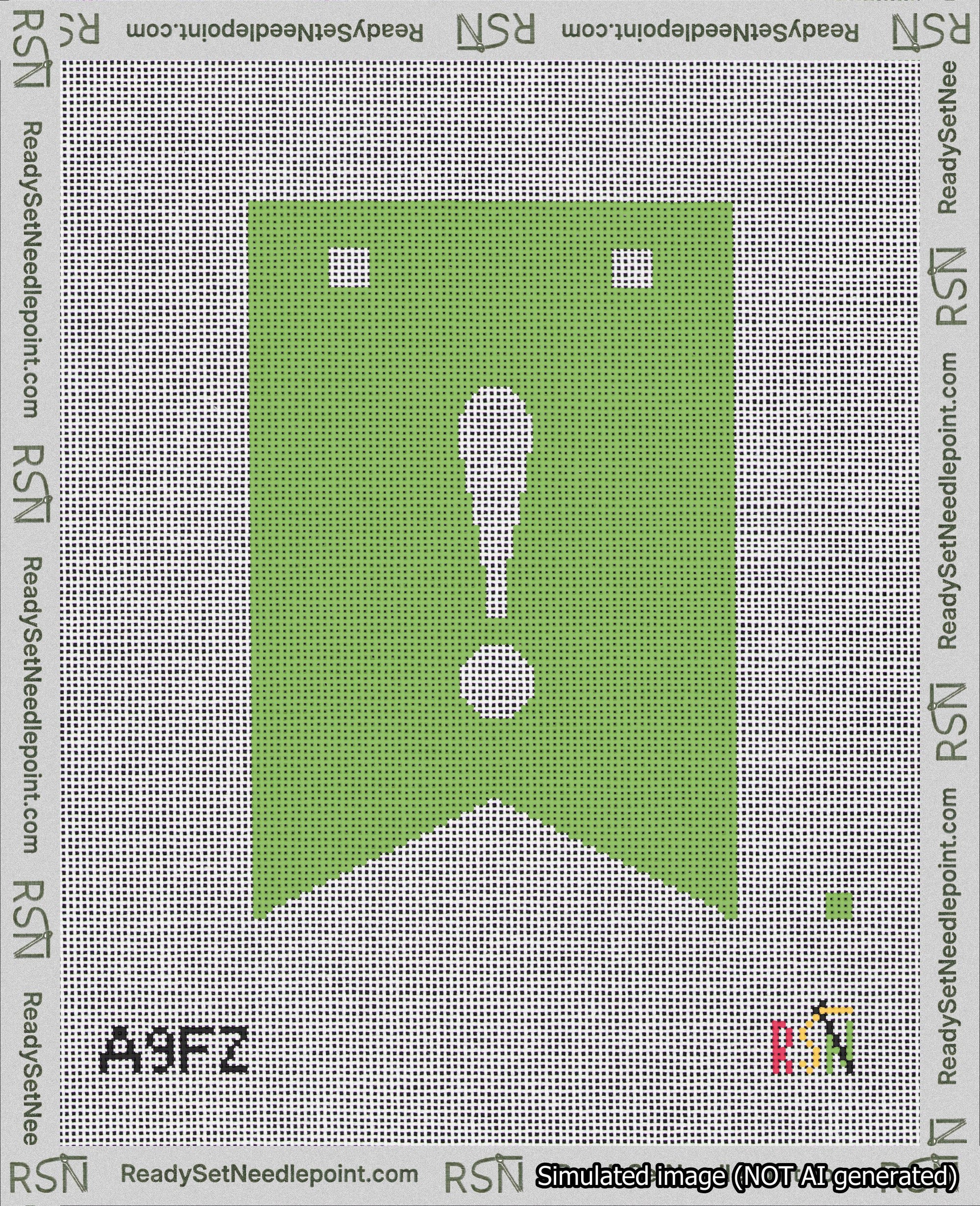 A taped needlepoint canvas with the design: Banner 18 mesh count Forked Exclamation White on Light Green.
