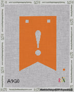 A taped needlepoint canvas with the design: Banner 18 mesh count Forked Exclamation White on Orange.
