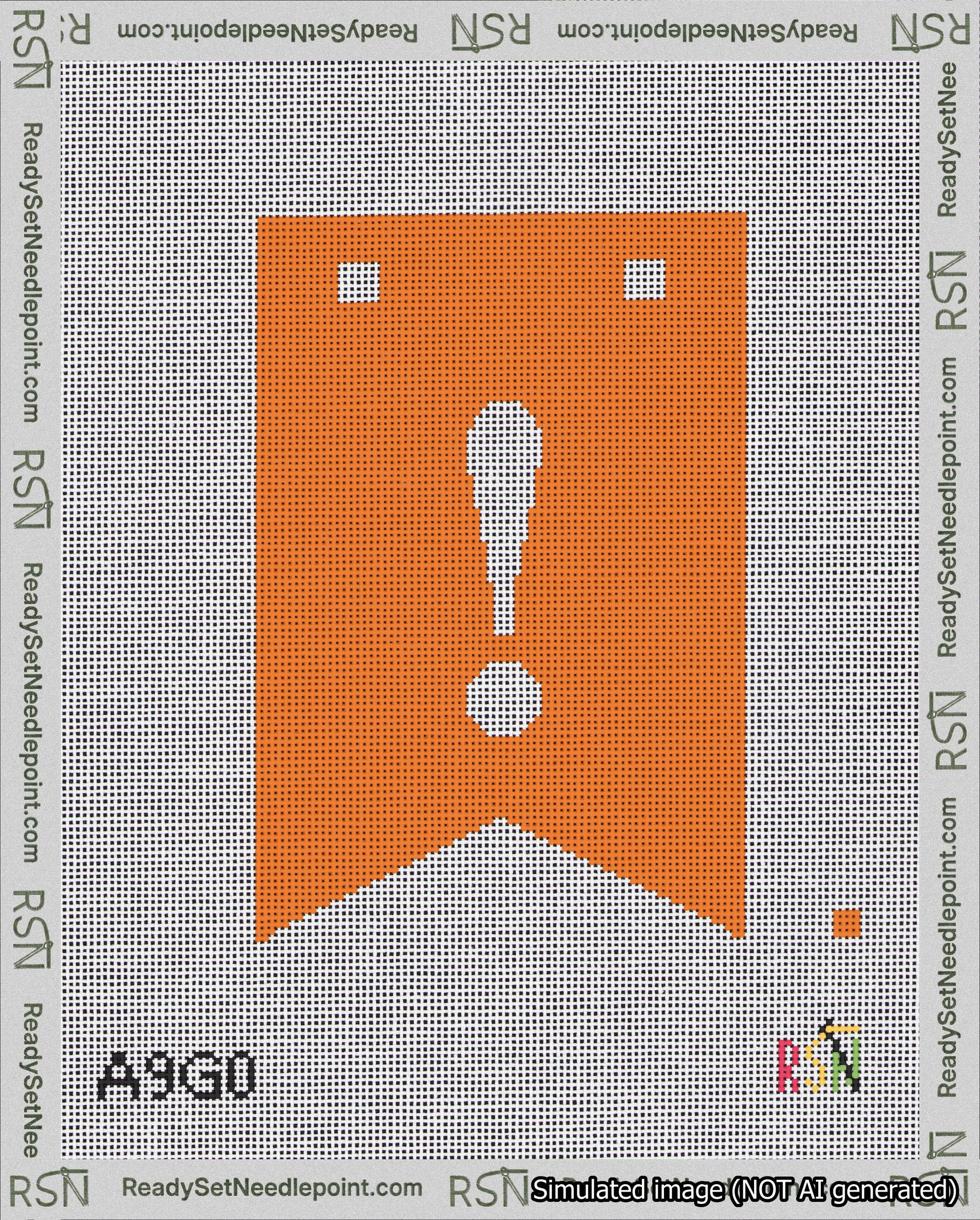 A taped needlepoint canvas with the design: Banner 18 mesh count Forked Exclamation White on Orange.