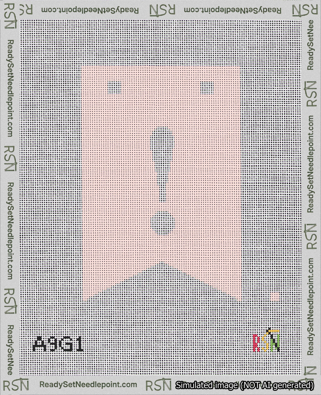 A taped needlepoint canvas with the design: Banner 18 mesh count Forked Exclamation White on Pink.