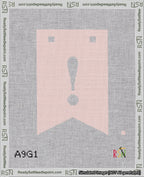 A taped needlepoint canvas with the design: Banner 18 mesh count Forked Exclamation White on Pink.