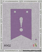 A taped needlepoint canvas with the design: Banner 18 mesh count Forked Exclamation White on Purple.