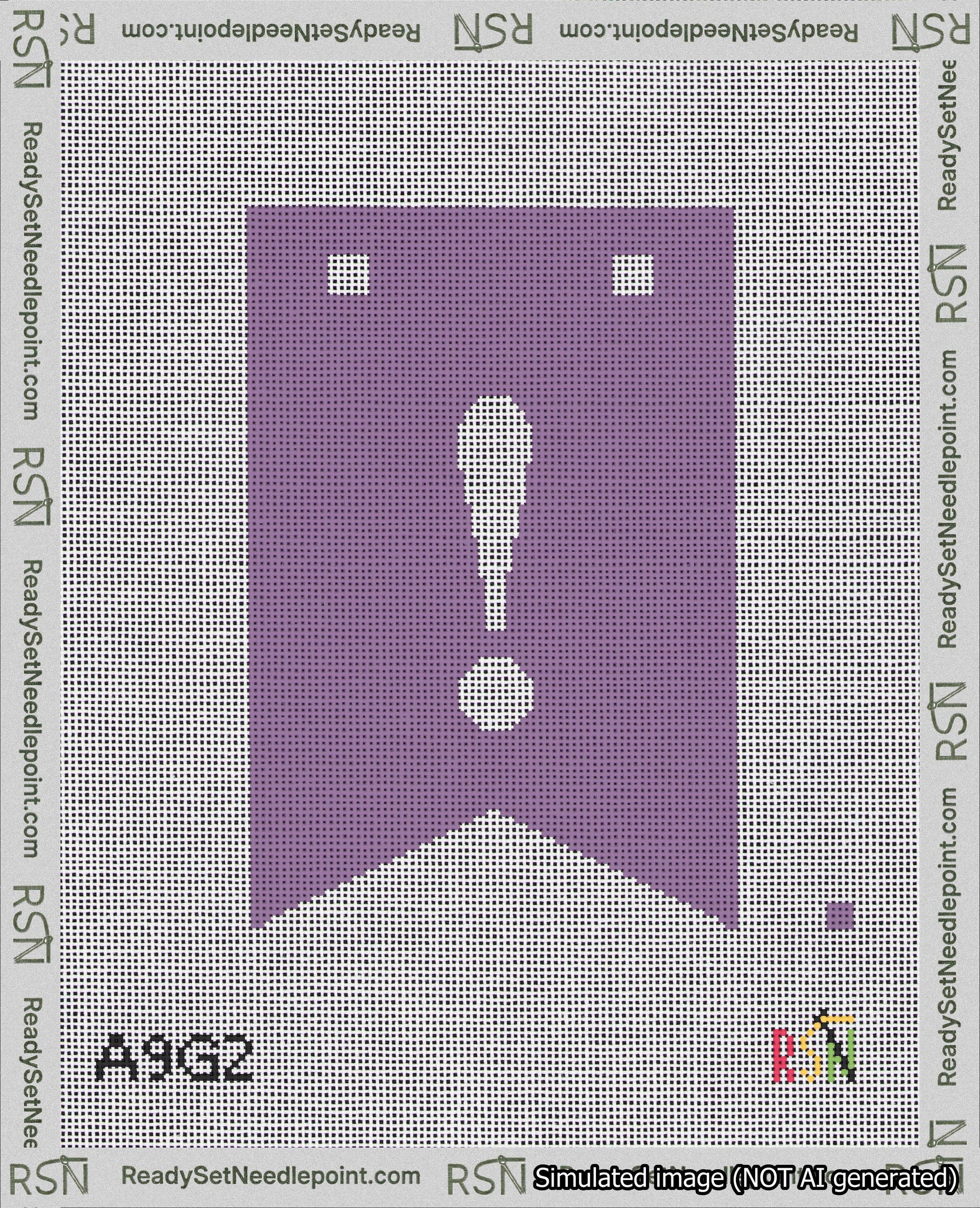 A taped needlepoint canvas with the design: Banner 18 mesh count Forked Exclamation White on Purple.