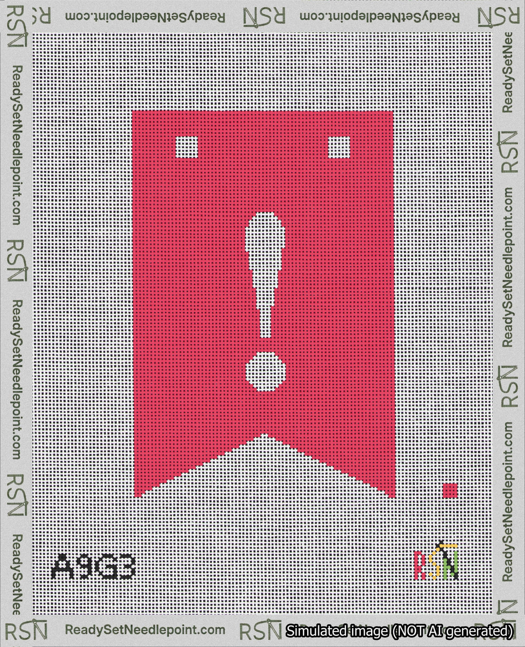 A taped needlepoint canvas with the design: Banner 18 mesh count Forked Exclamation White on Red.