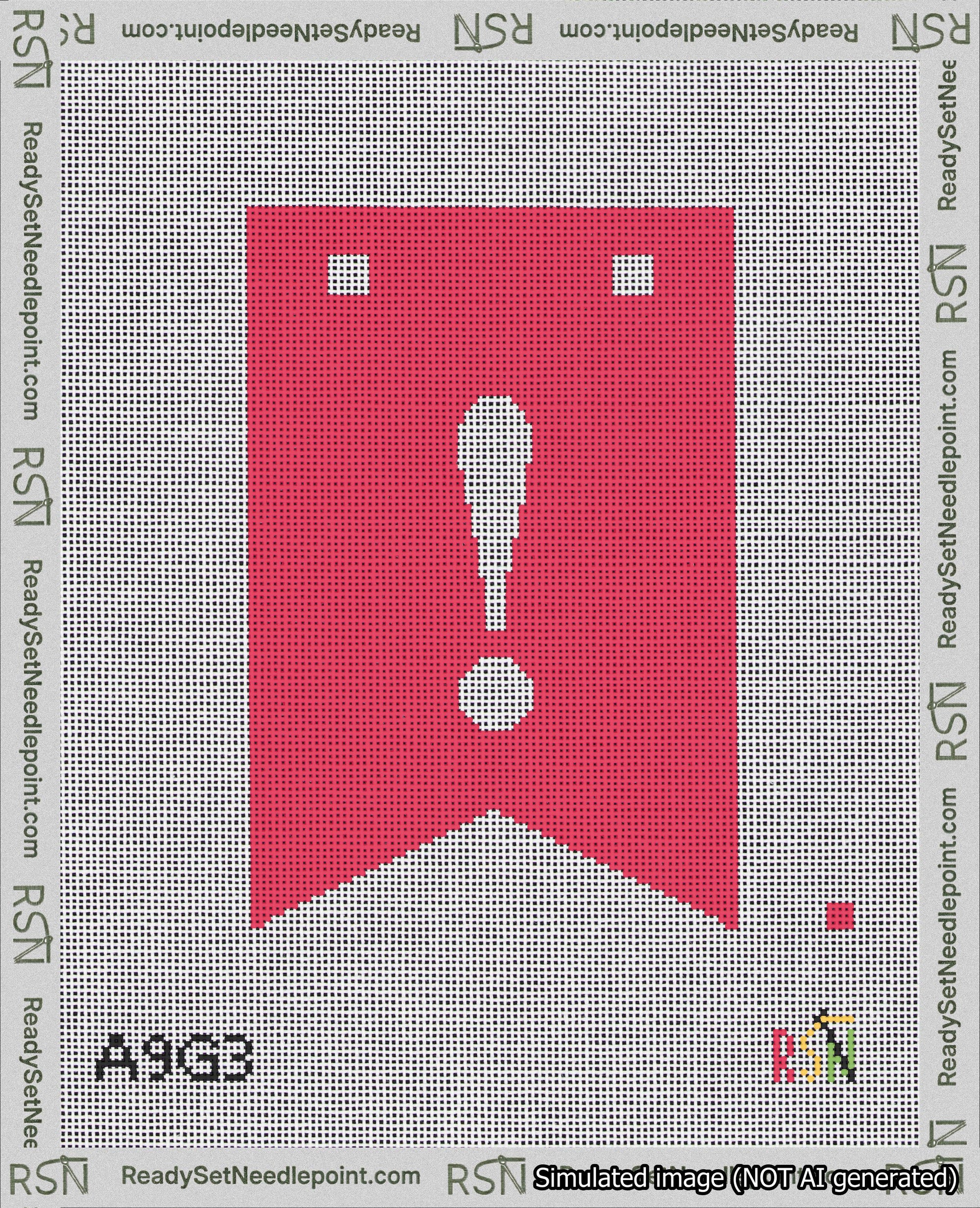 A taped needlepoint canvas with the design: Banner 18 mesh count Forked Exclamation White on Red.