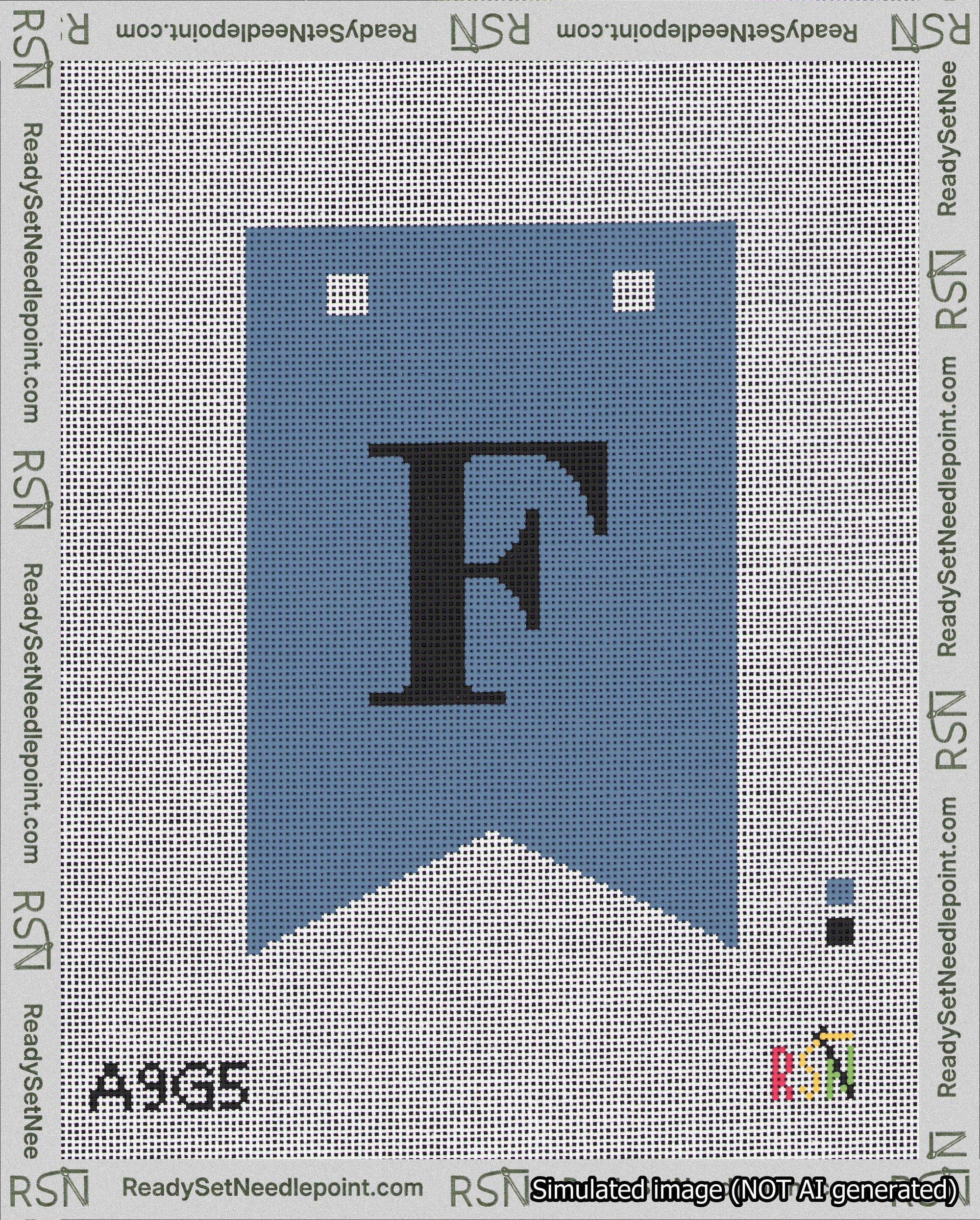 A taped needlepoint canvas with the design: Banner 18 mesh count Forked F Black on Blue.