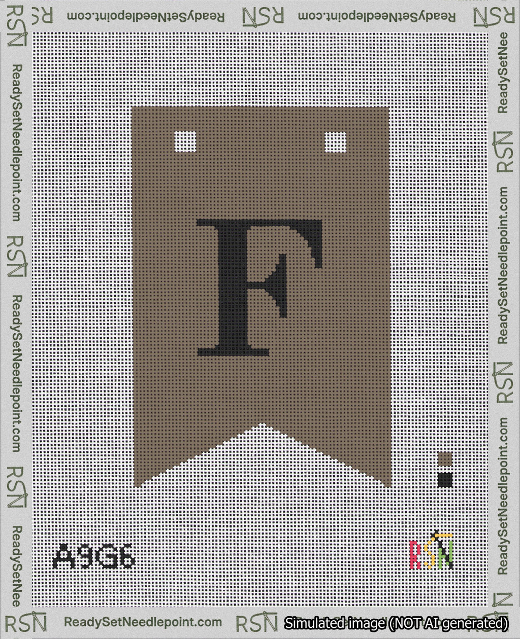 A taped needlepoint canvas with the design: Banner 18 mesh count Forked F Black on Brown.