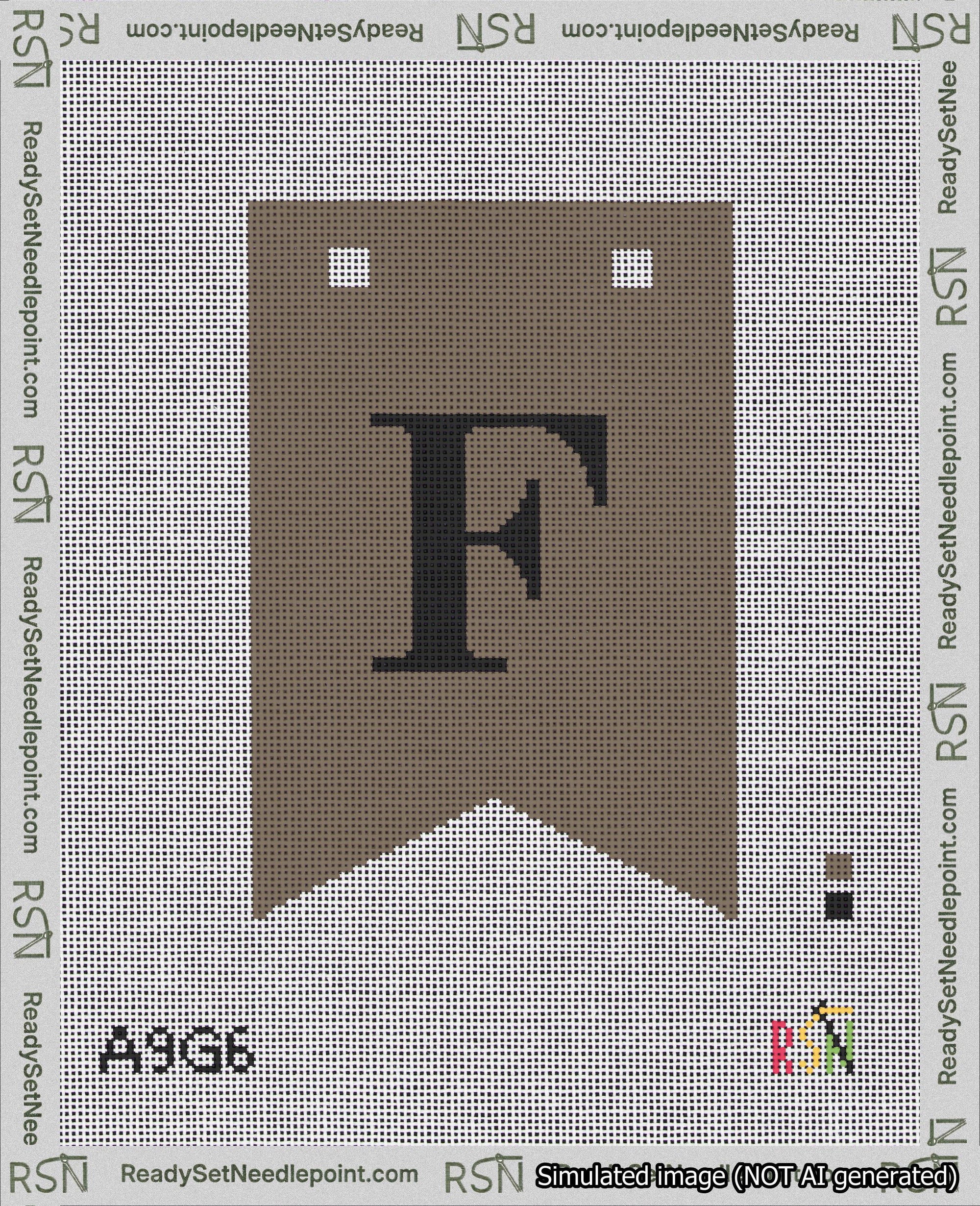 A taped needlepoint canvas with the design: Banner 18 mesh count Forked F Black on Brown.
