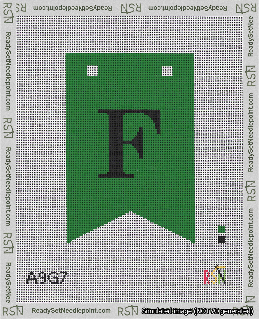 A taped needlepoint canvas with the design: Banner 18 mesh count Forked F Black on Green.
