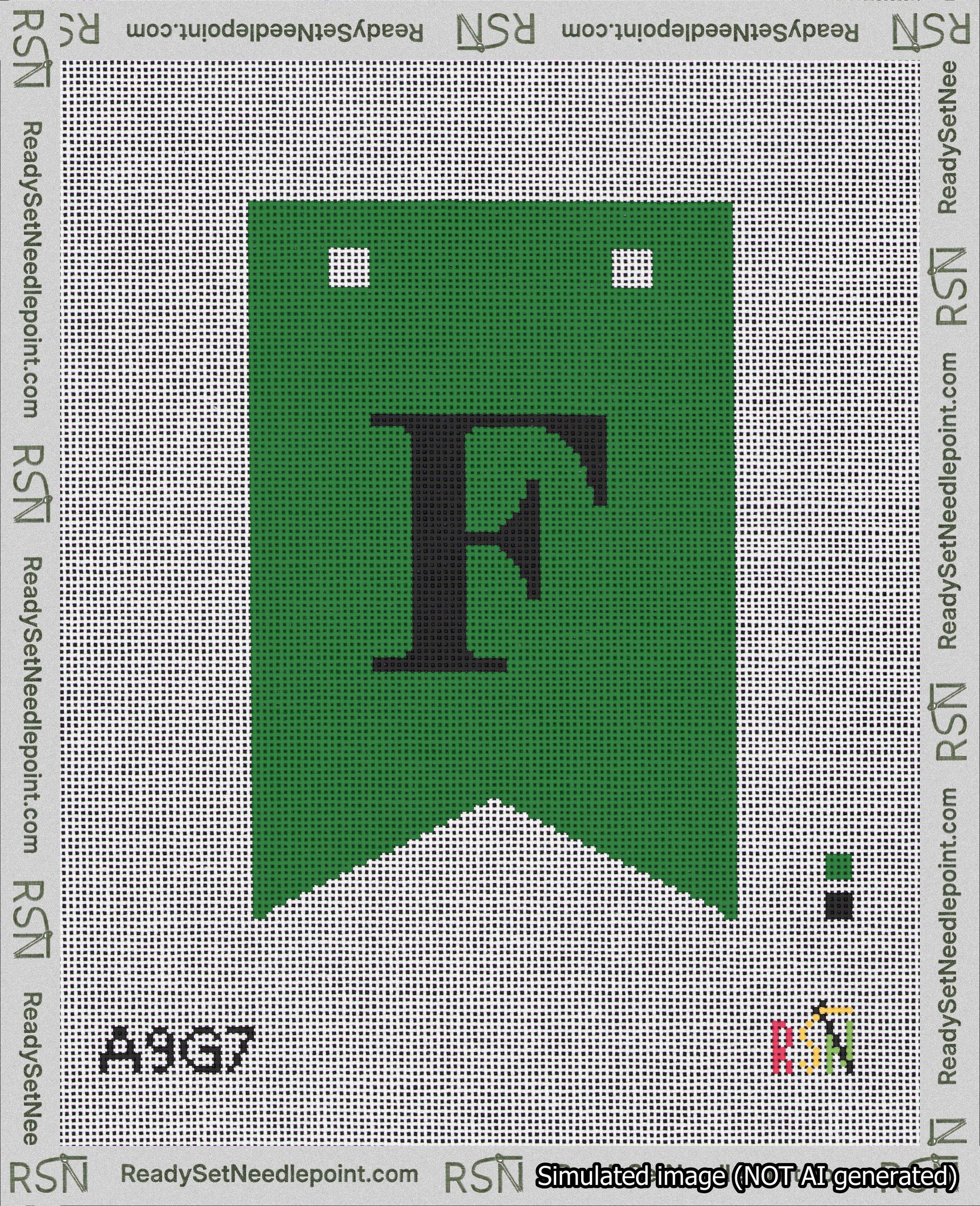 A taped needlepoint canvas with the design: Banner 18 mesh count Forked F Black on Green.