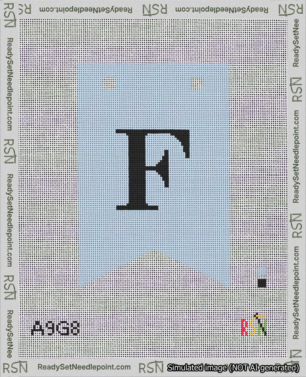 A taped needlepoint canvas with the design: Banner 18 mesh count Forked F Black on Light Blue.