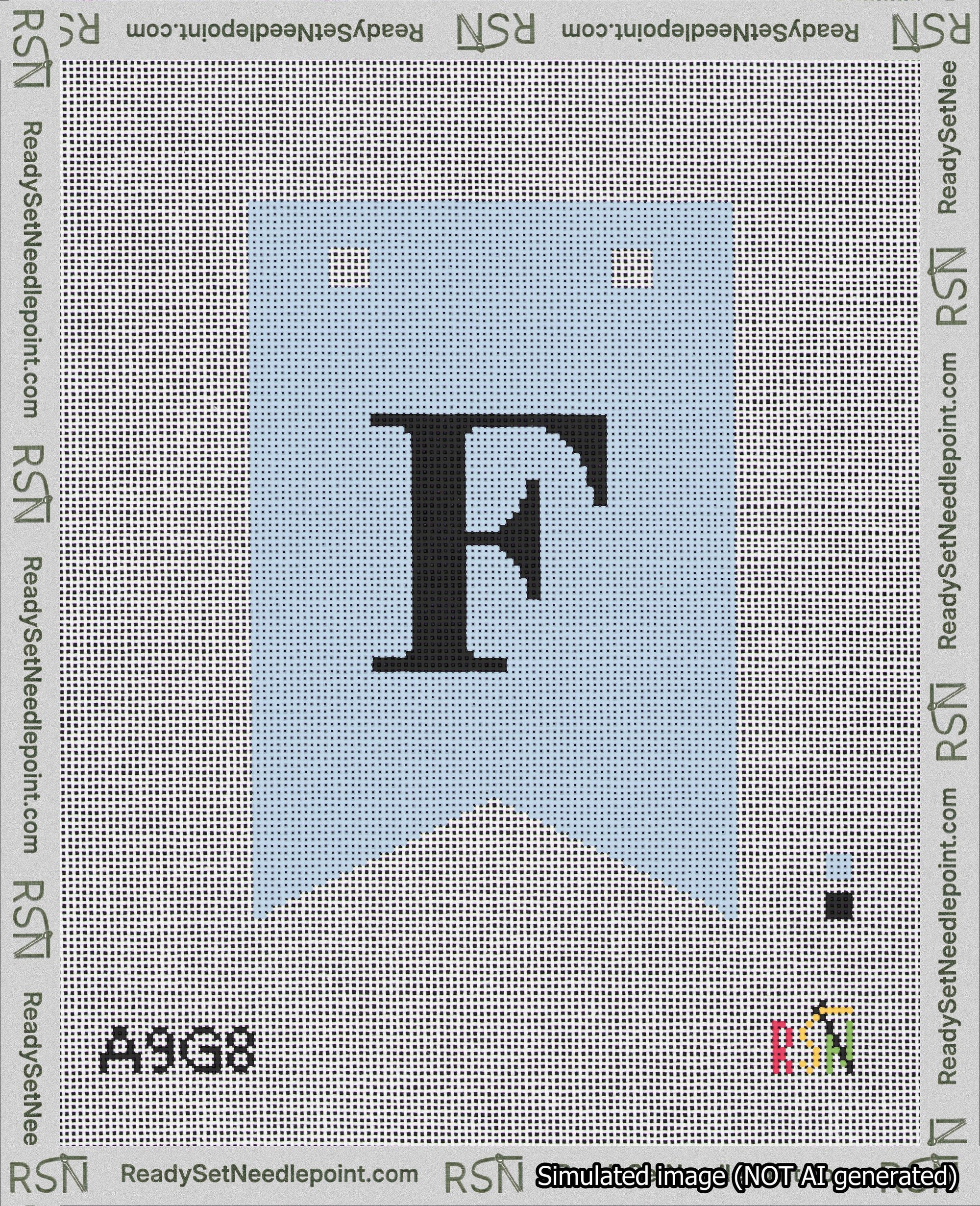 A taped needlepoint canvas with the design: Banner 18 mesh count Forked F Black on Light Blue.