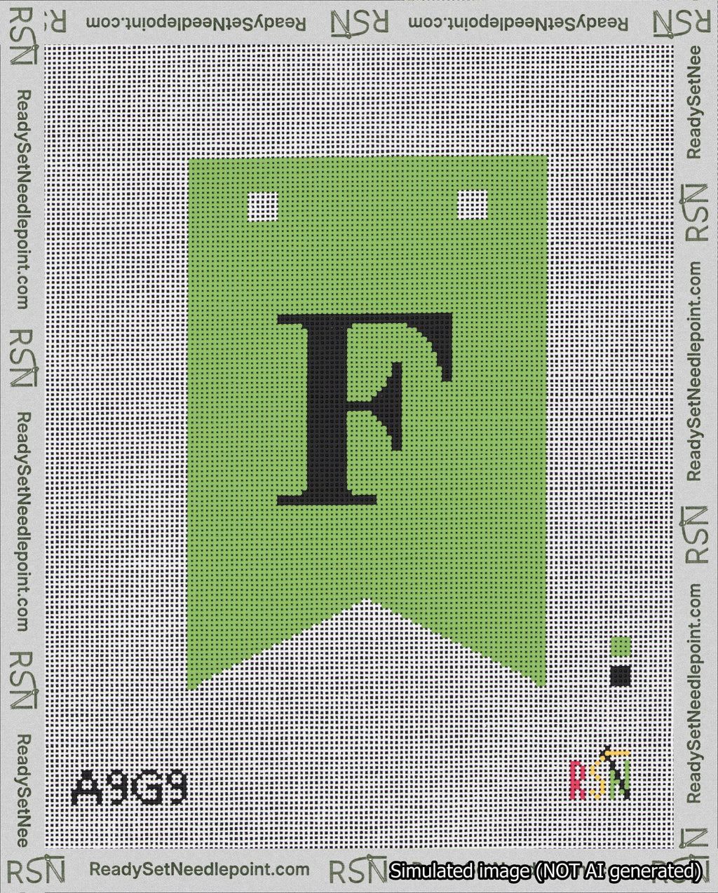 A taped needlepoint canvas with the design: Banner 18 mesh count Forked F Black on Light Green.