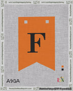 A taped needlepoint canvas with the design: Banner 18 mesh count Forked F Black on Orange.
