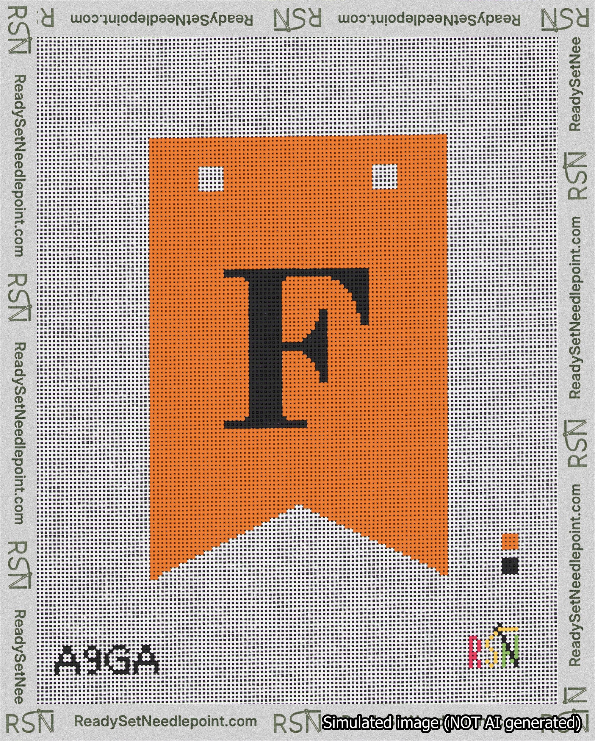 A taped needlepoint canvas with the design: Banner 18 mesh count Forked F Black on Orange.