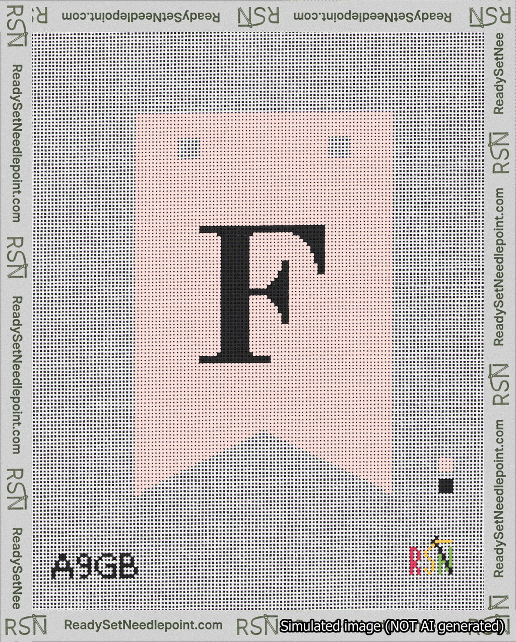 A taped needlepoint canvas with the design: Banner 18 mesh count Forked F Black on Pink.