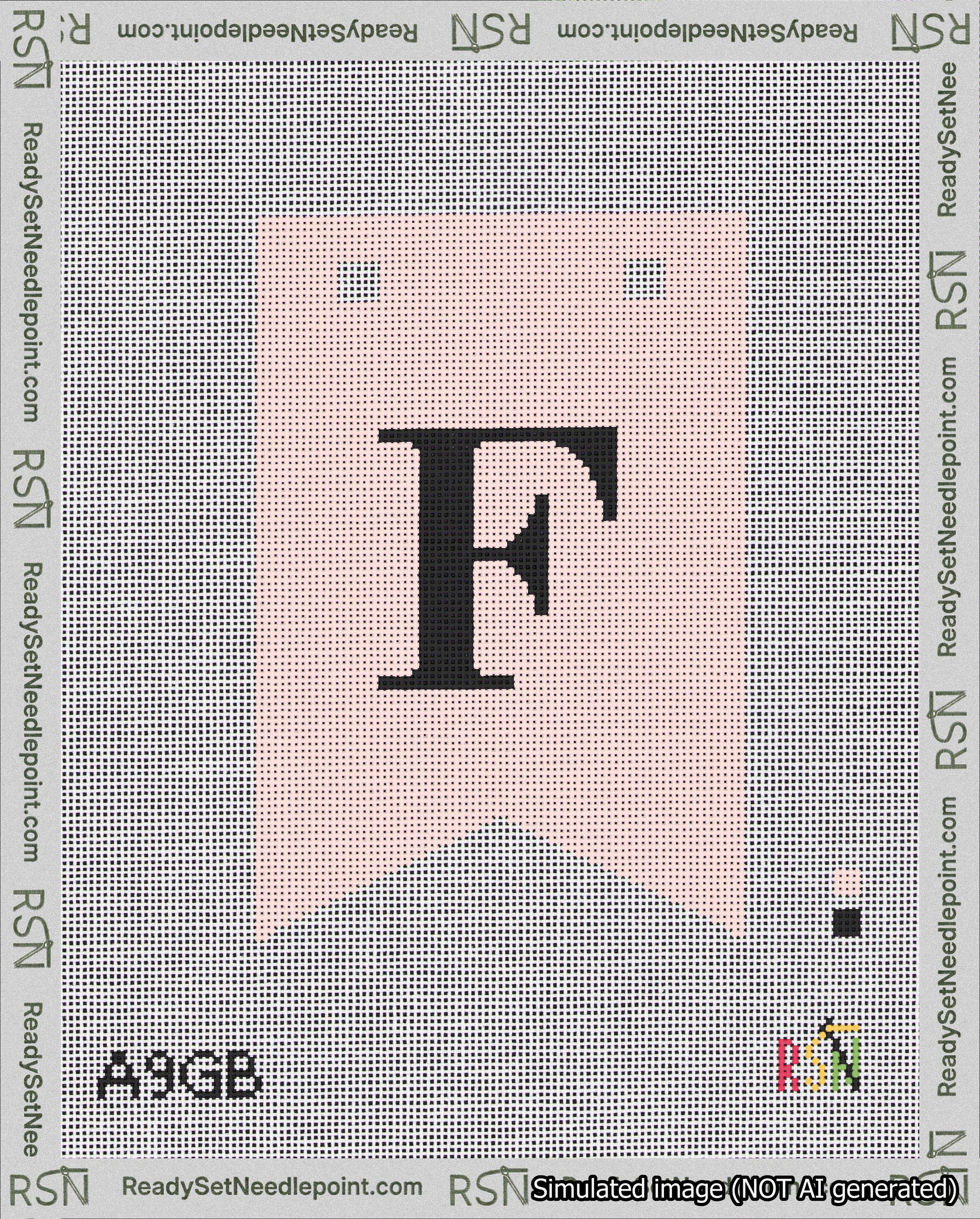 A taped needlepoint canvas with the design: Banner 18 mesh count Forked F Black on Pink.