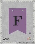 A taped needlepoint canvas with the design: Banner 18 mesh count Forked F Black on Purple.
