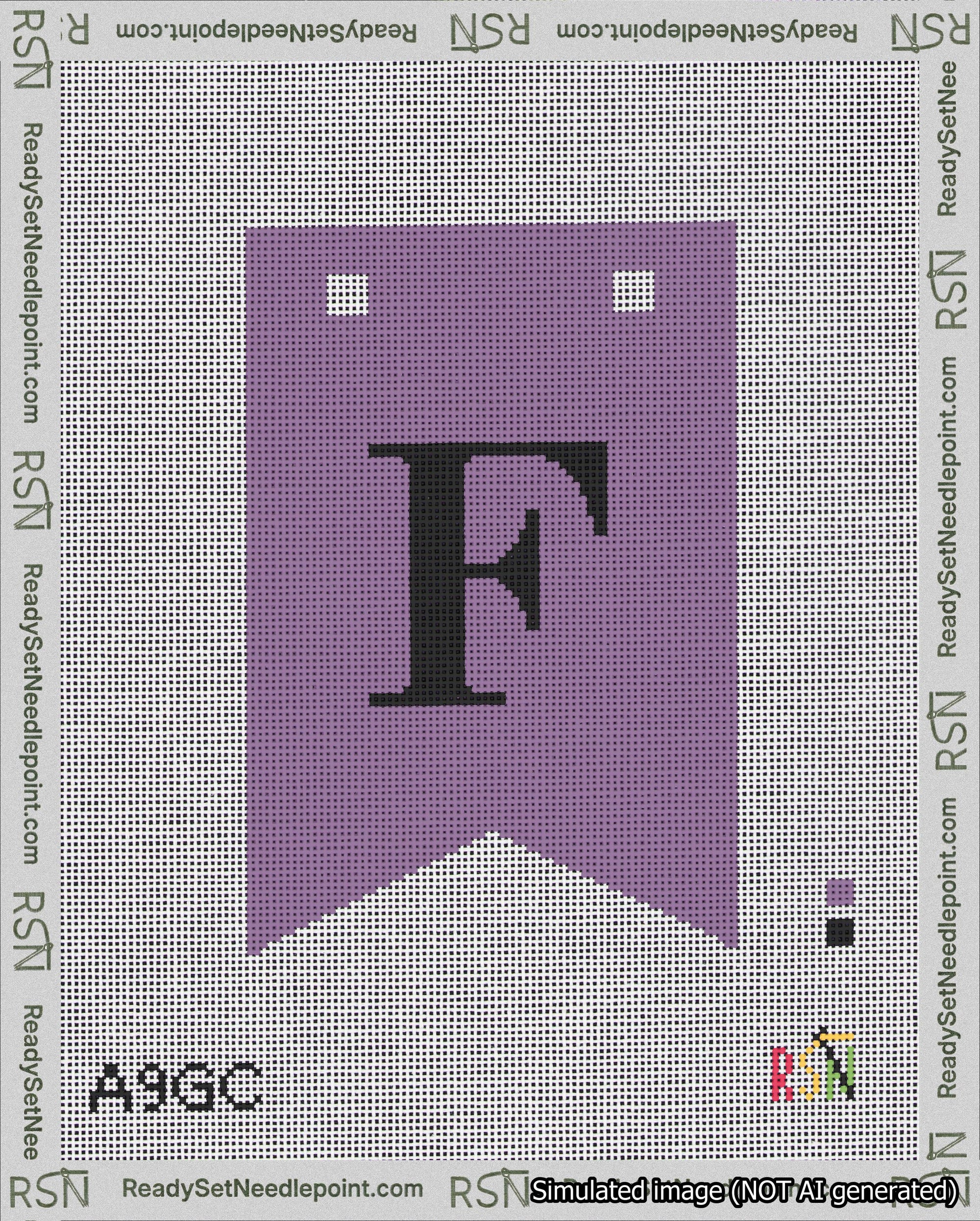 A taped needlepoint canvas with the design: Banner 18 mesh count Forked F Black on Purple.