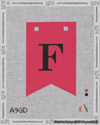 A taped needlepoint canvas with the design: Banner 18 mesh count Forked F Black on Red.