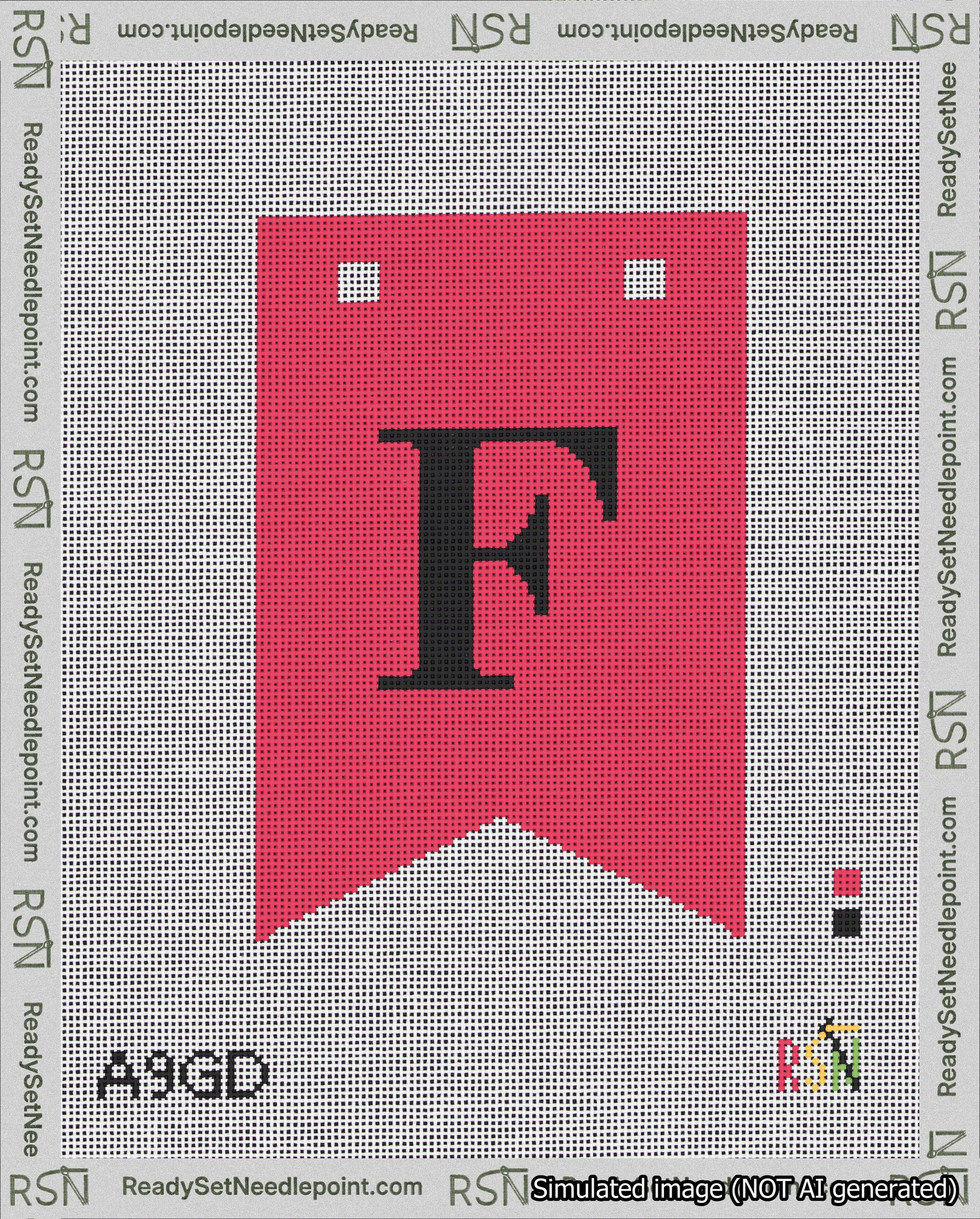 A taped needlepoint canvas with the design: Banner 18 mesh count Forked F Black on Red.