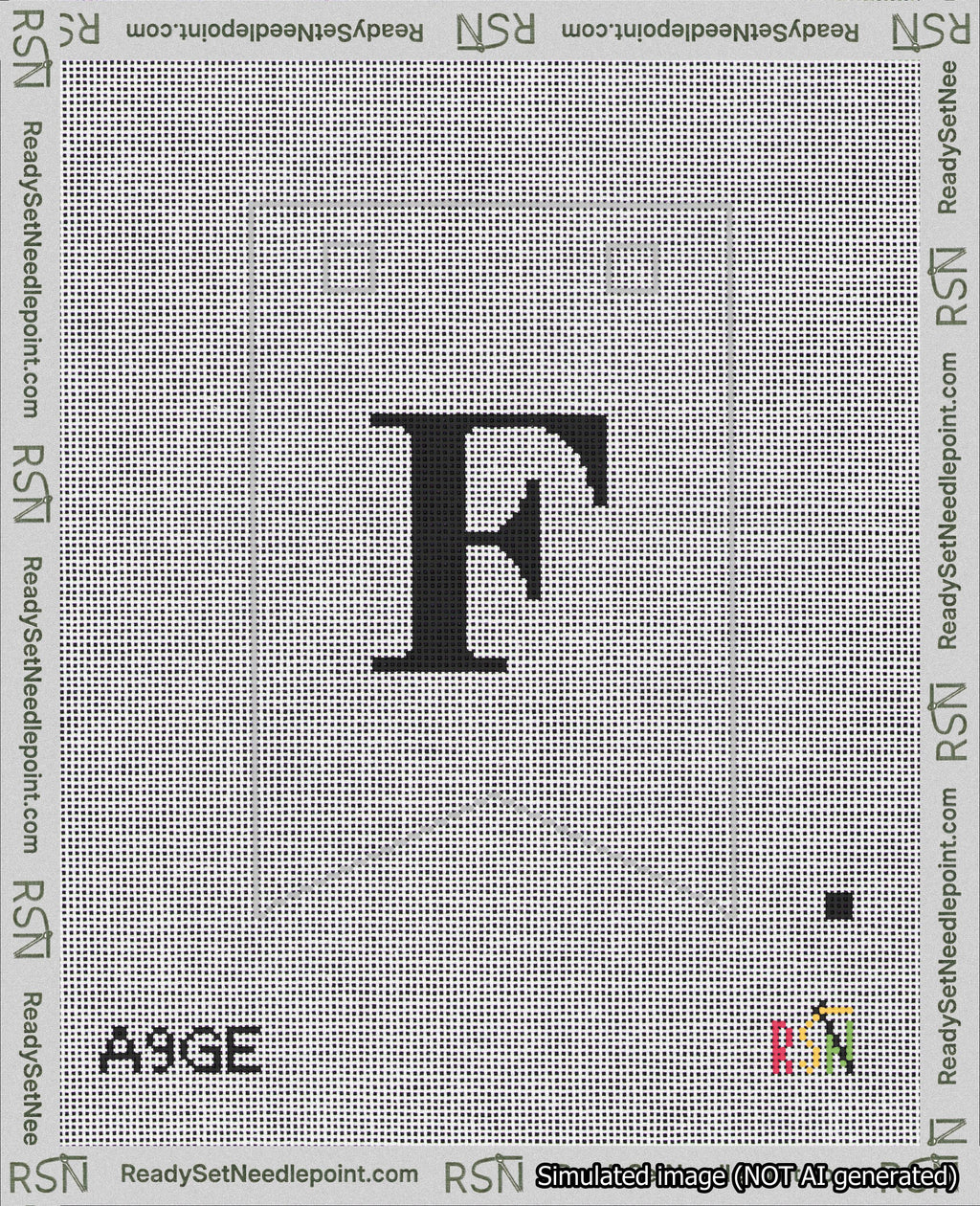 A taped needlepoint canvas with the design: Banner 18 mesh count Forked F Black on White.