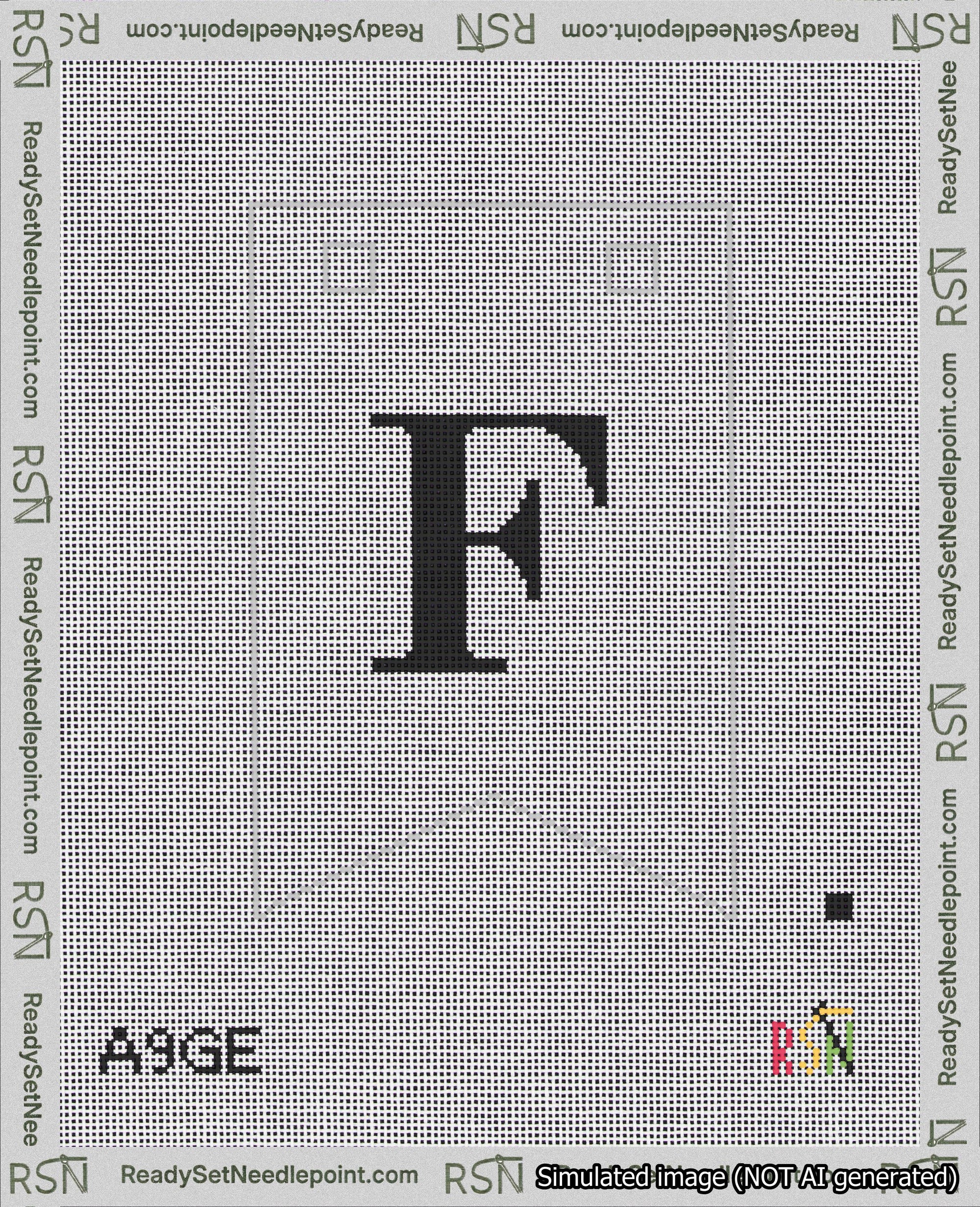A taped needlepoint canvas with the design: Banner 18 mesh count Forked F Black on White.