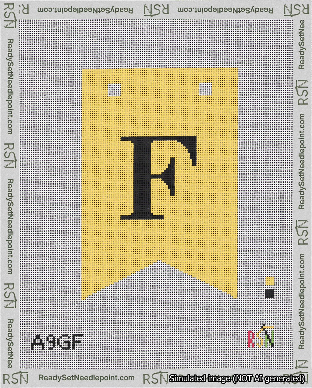 A taped needlepoint canvas with the design: Banner 18 mesh count Forked F Black on Yellow.