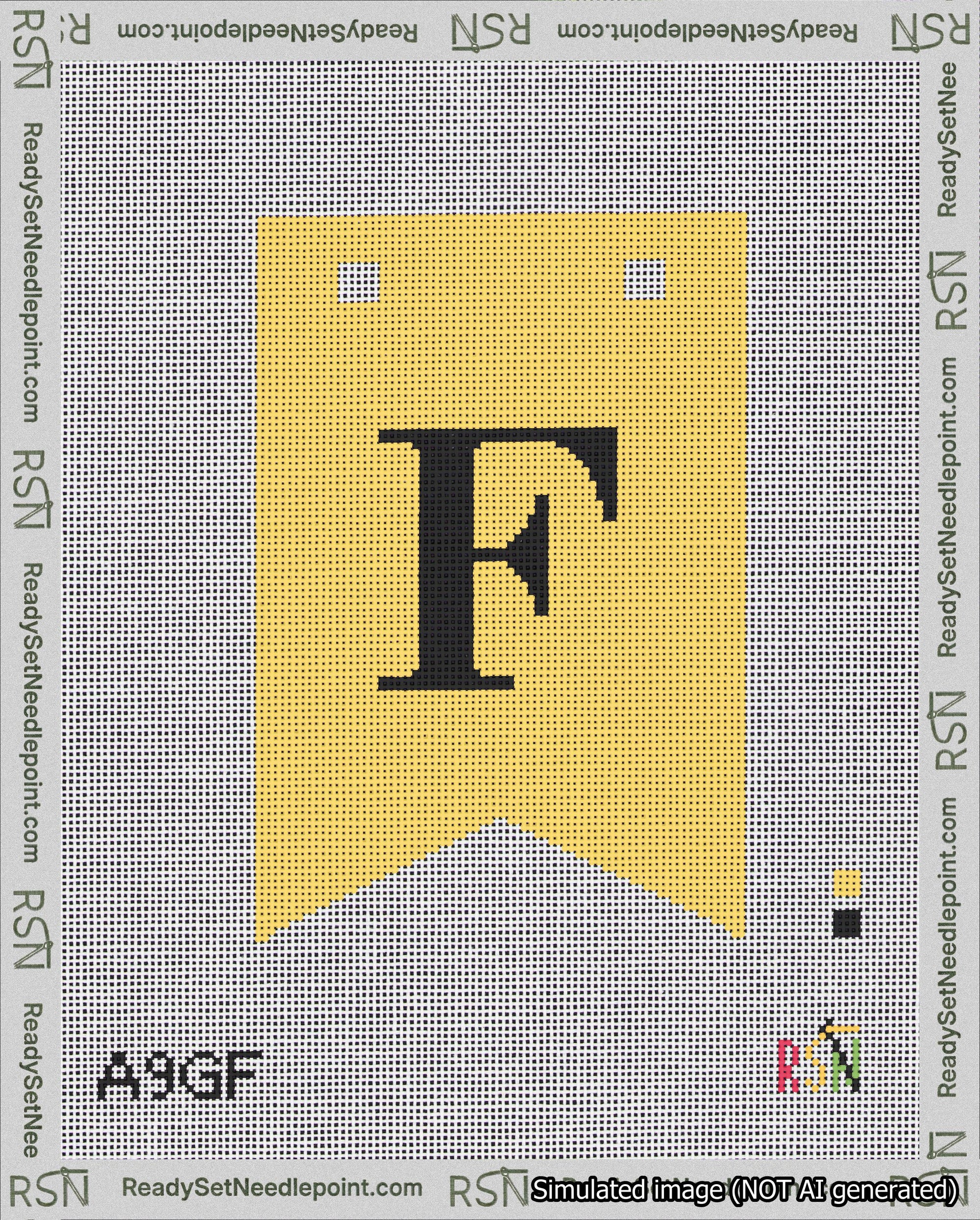 A taped needlepoint canvas with the design: Banner 18 mesh count Forked F Black on Yellow.