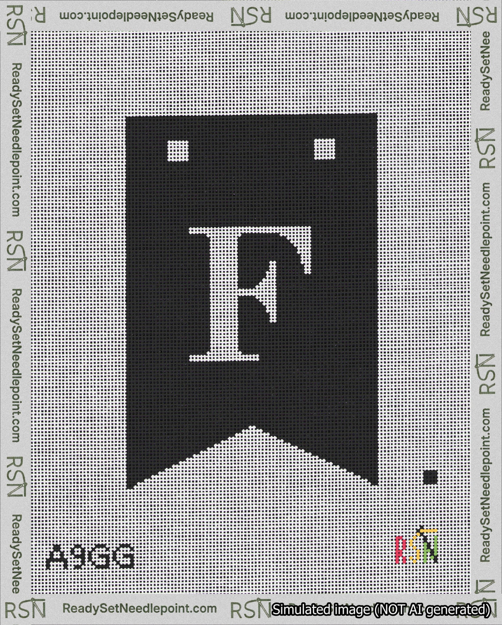 A taped needlepoint canvas with the design: Banner 18 mesh count Forked F White on Black.