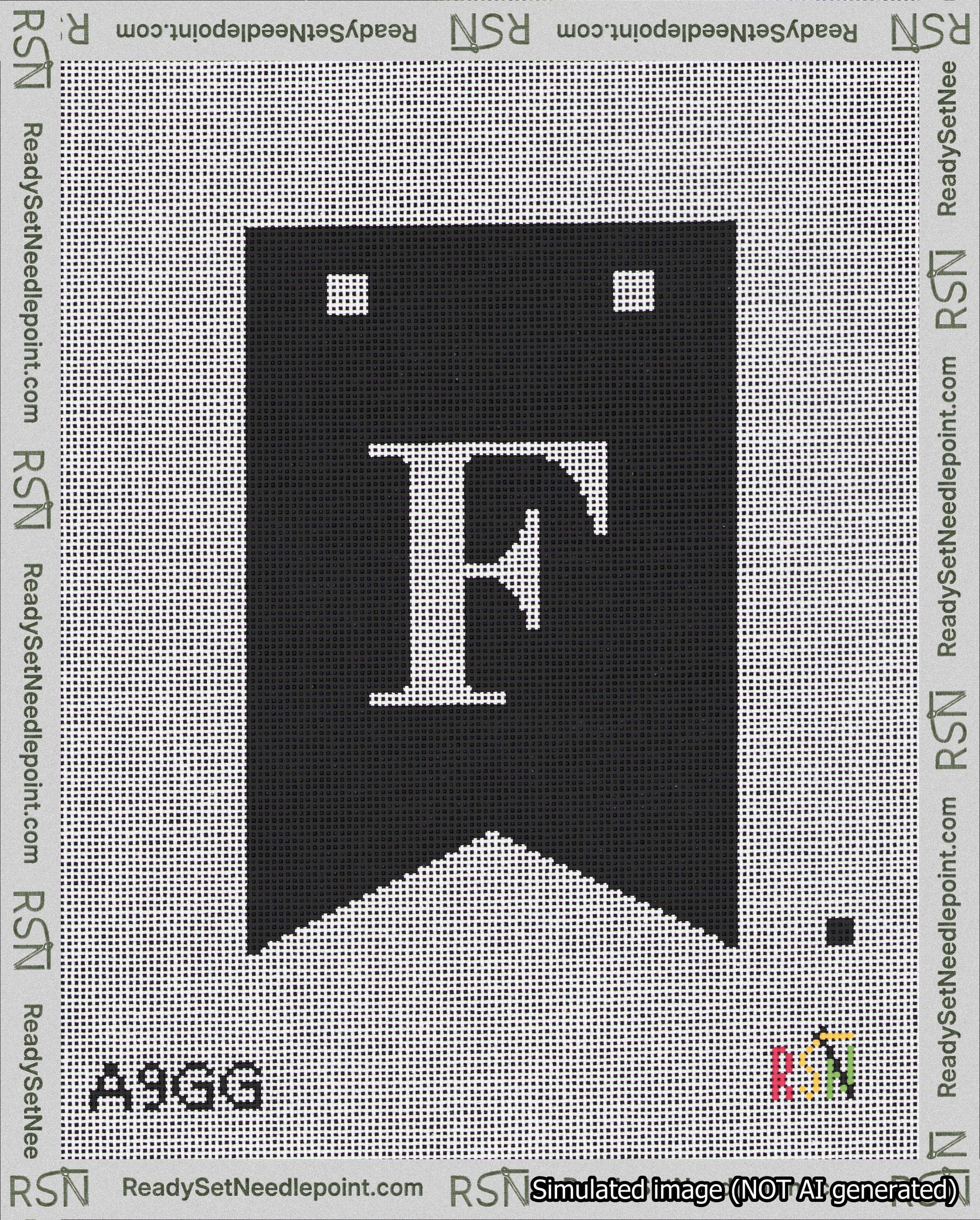 A taped needlepoint canvas with the design: Banner 18 mesh count Forked F White on Black.