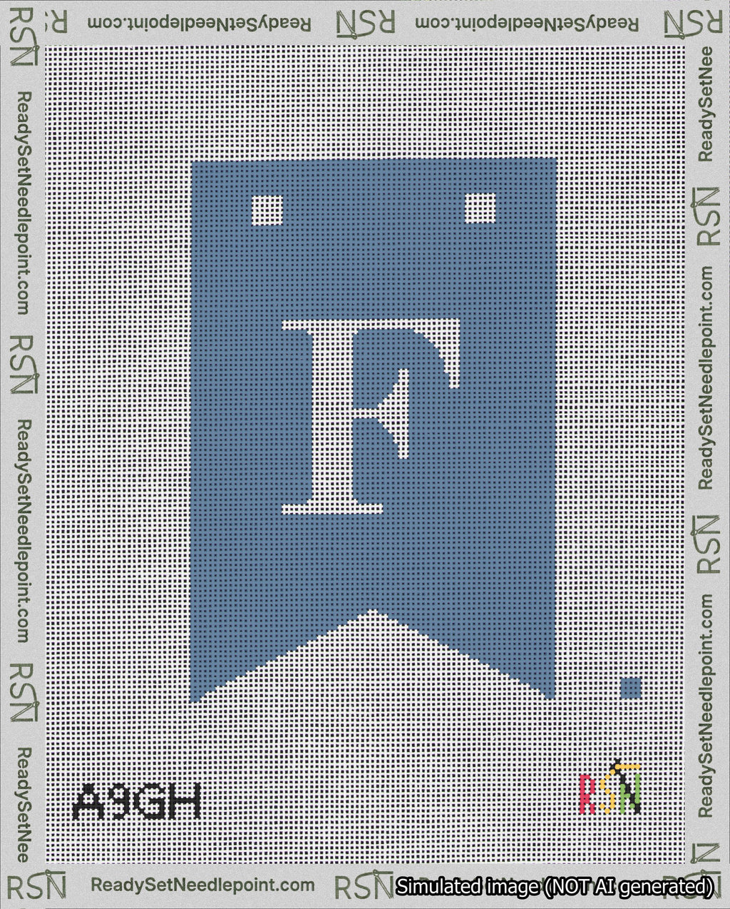 A taped needlepoint canvas with the design: Banner 18 mesh count Forked F White on Blue.