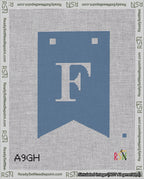 A taped needlepoint canvas with the design: Banner 18 mesh count Forked F White on Blue.