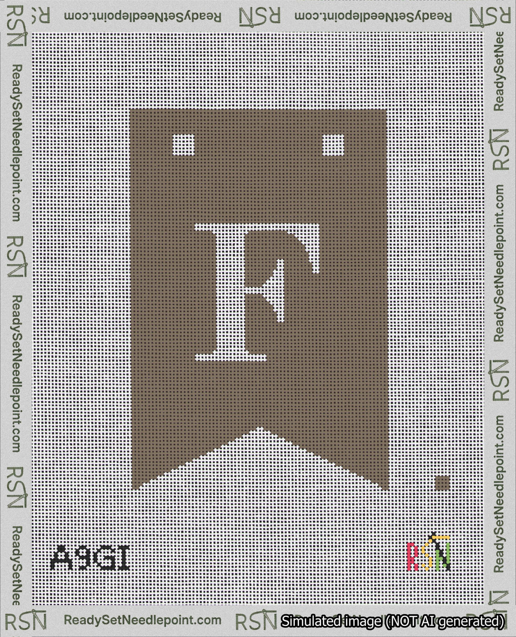 A taped needlepoint canvas with the design: Banner 18 mesh count Forked F White on Brown.