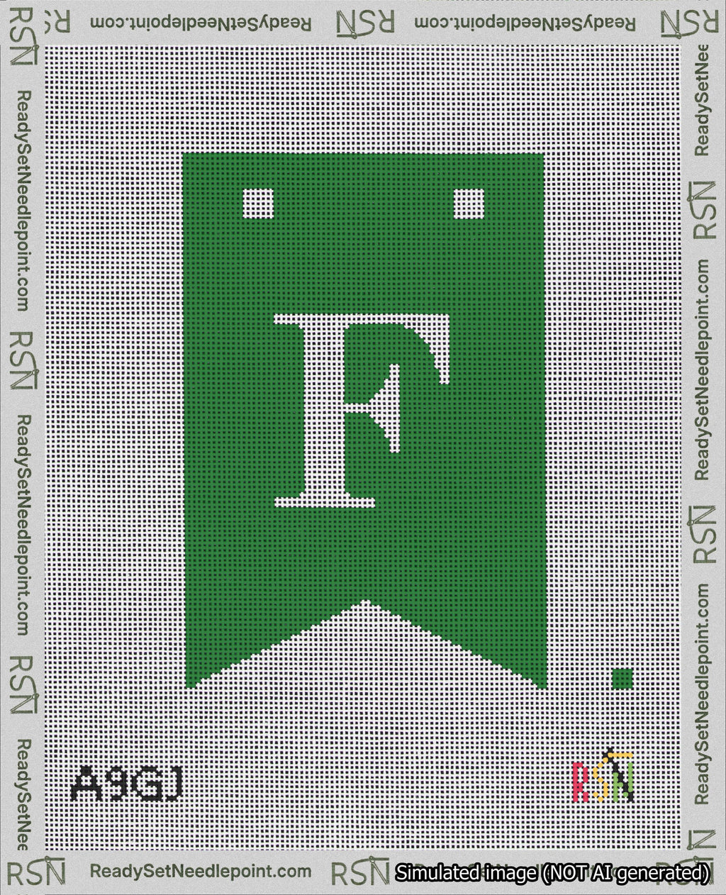 A taped needlepoint canvas with the design: Banner 18 mesh count Forked F White on Green.