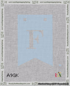 A taped needlepoint canvas with the design: Banner 18 mesh count Forked F White on Light Blue.