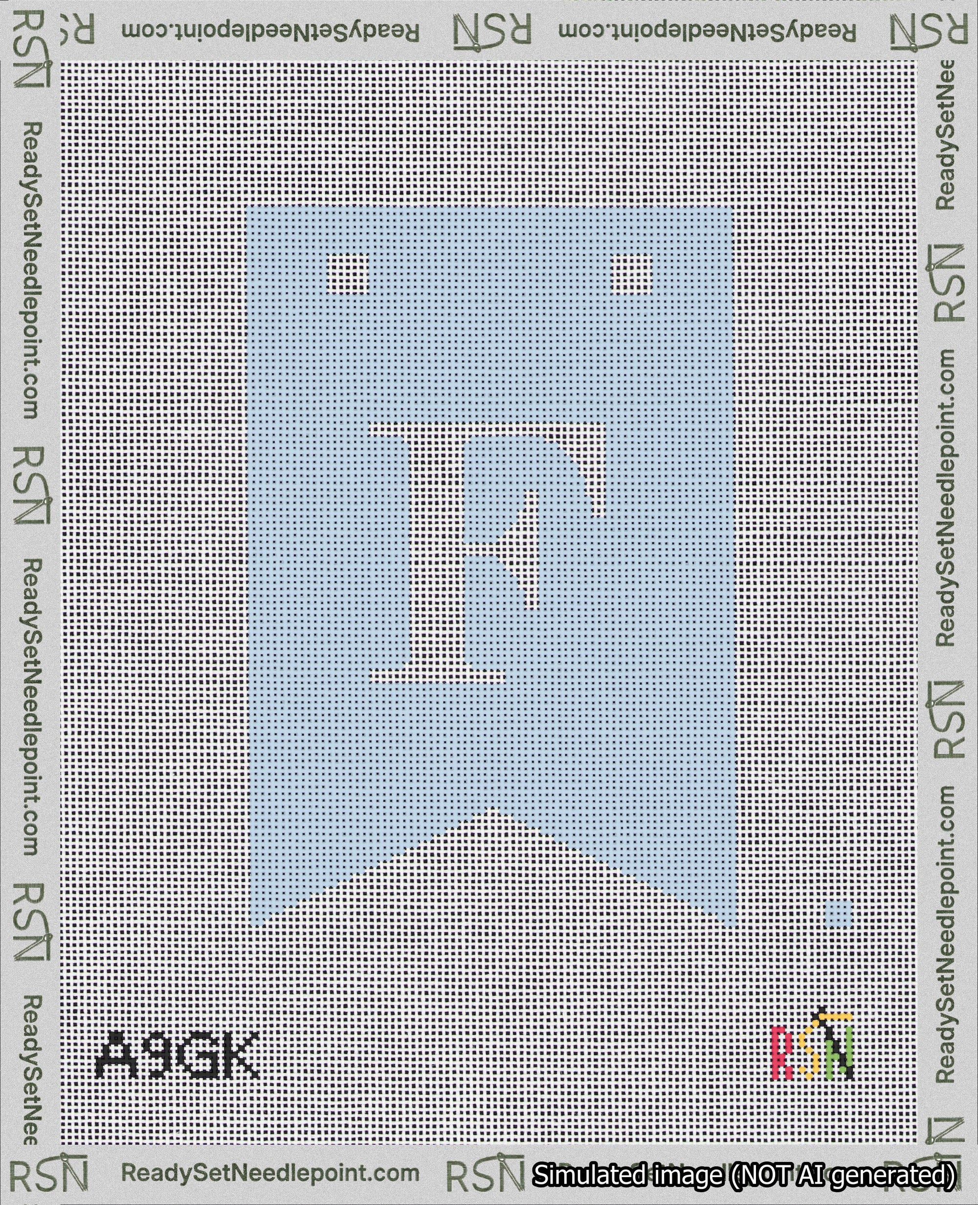 A taped needlepoint canvas with the design: Banner 18 mesh count Forked F White on Light Blue.