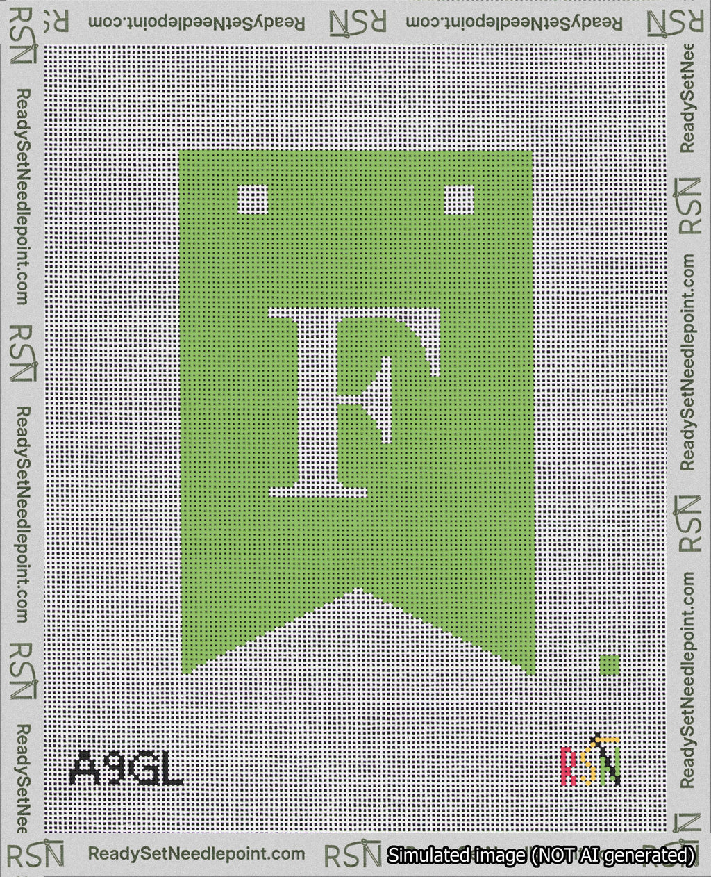 A taped needlepoint canvas with the design: Banner 18 mesh count Forked F White on Light Green.