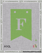 A taped needlepoint canvas with the design: Banner 18 mesh count Forked F White on Light Green.